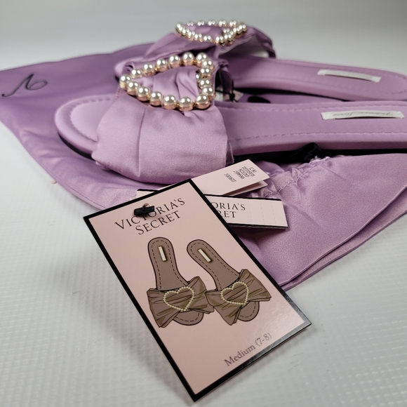 NWT Victoria's Secret Embellished Satin Bow Slide Pearl-Heart Lavander M (8-845) - Picture 9 of 10